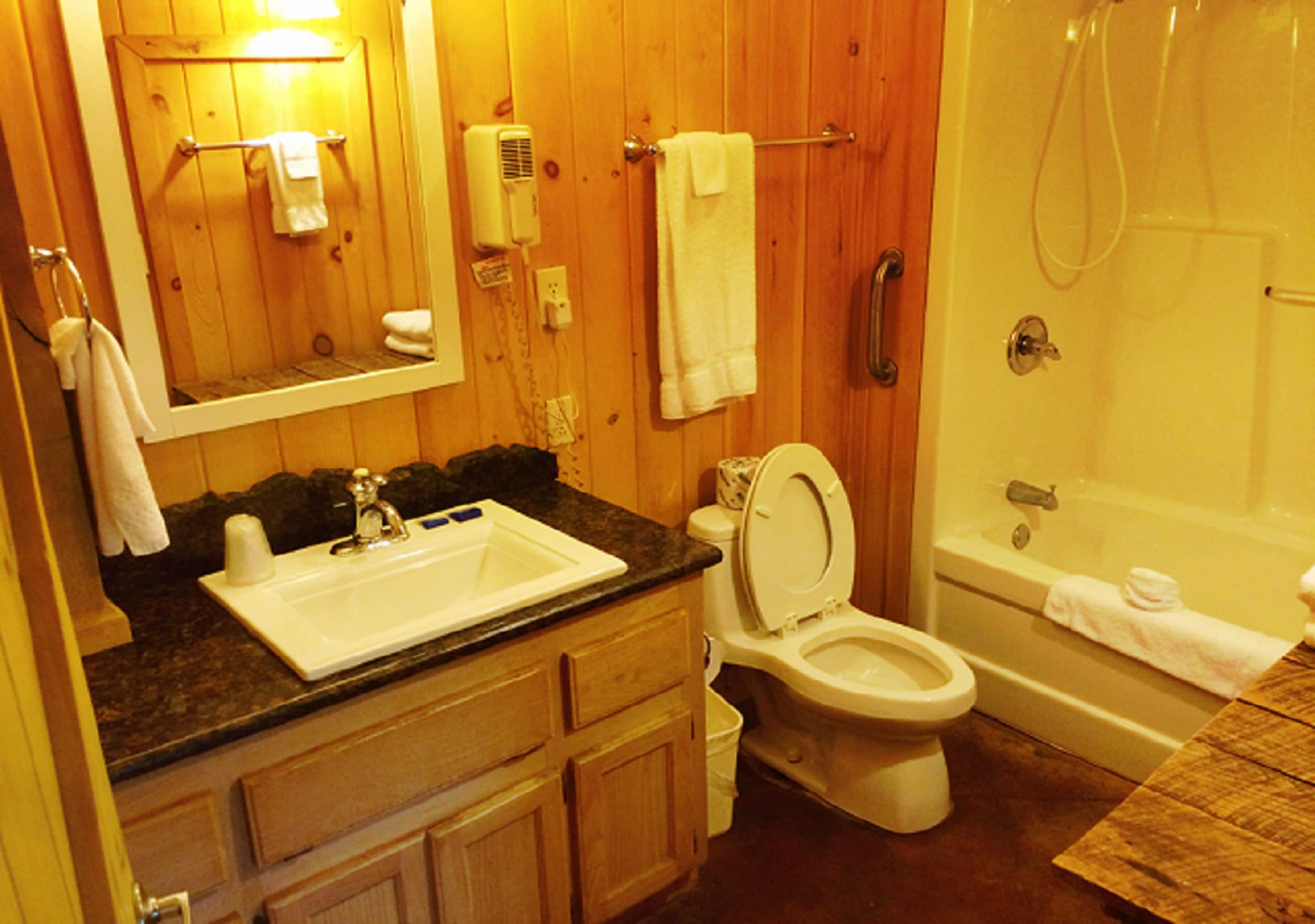 Ein Badezimmer aus Holz mit Waschbecken, Toilette und Badewanne.