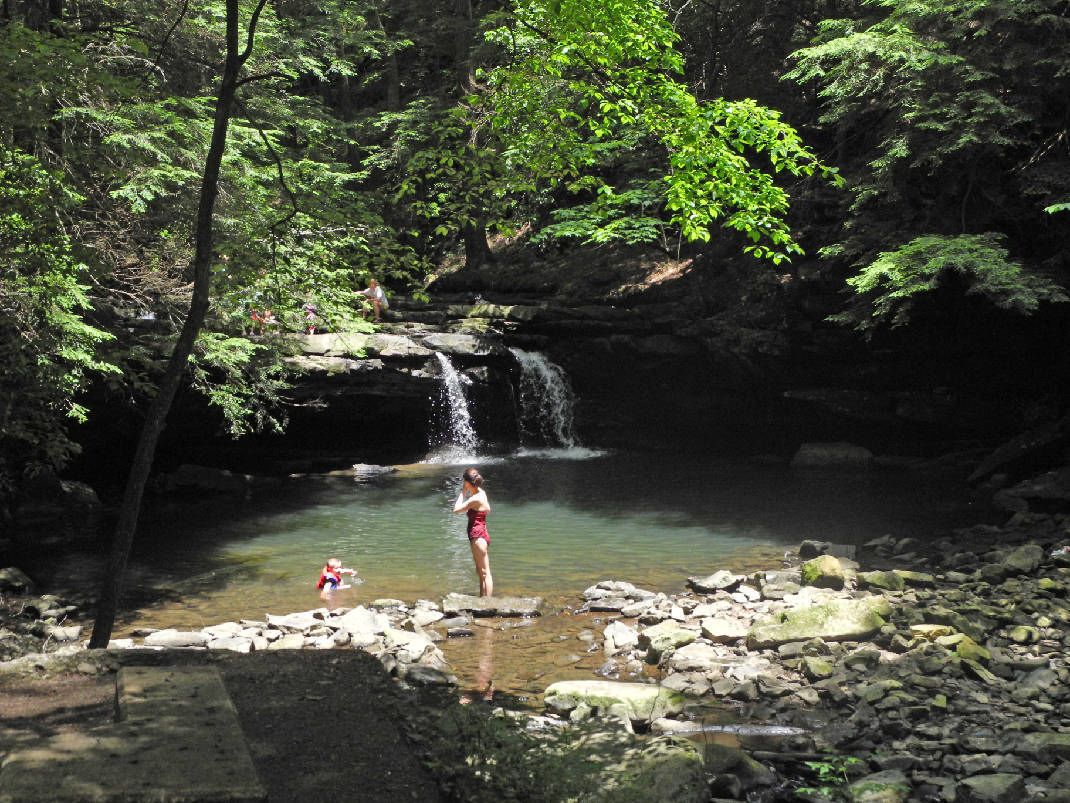 A natural setting with a waterfall, rocky terrain, and lush greenery.