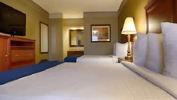 Habitación de hotel con dos camas, un televisor, un espejo y una lámpara.