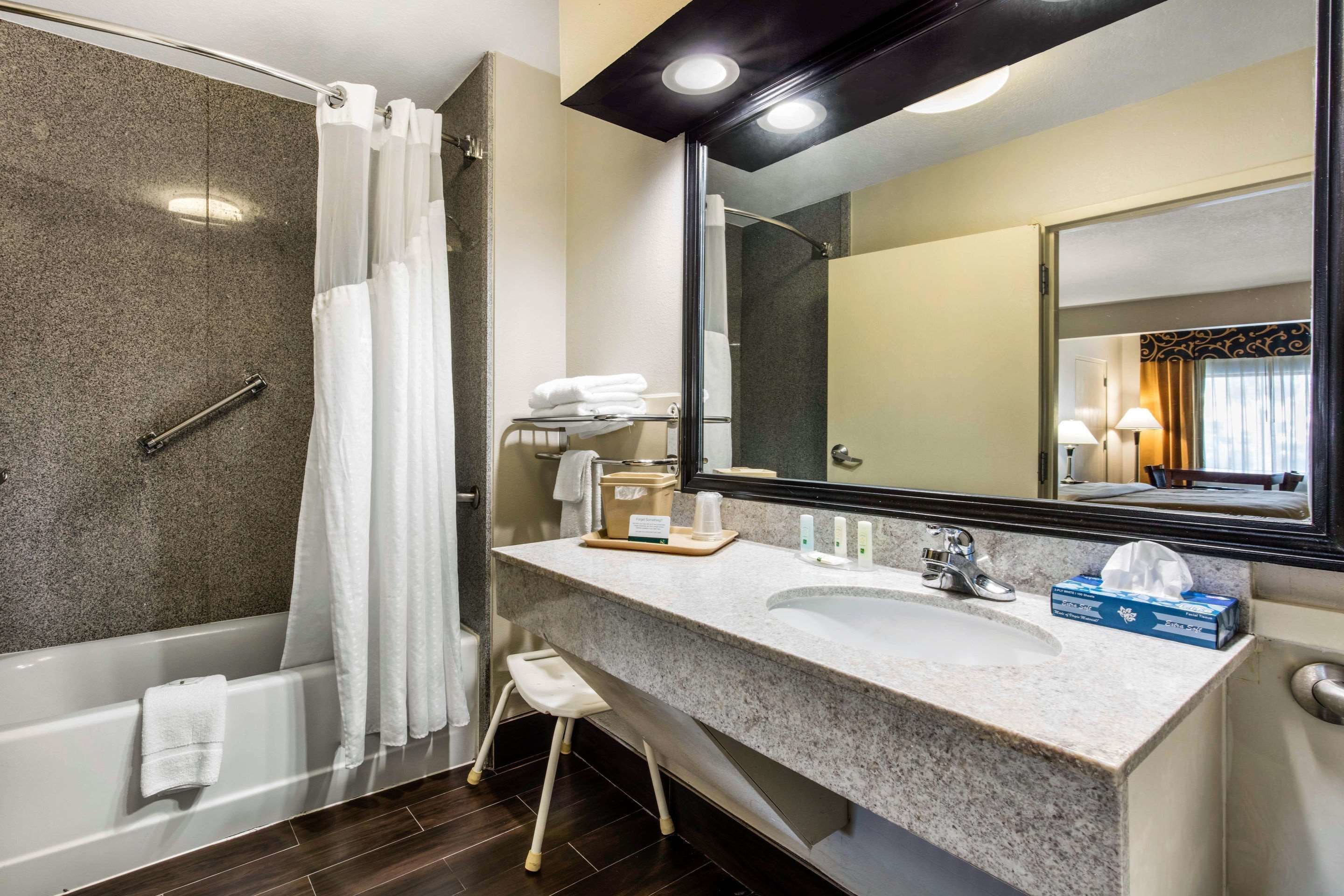 combined shower/bathtub, free toiletries, hair dryer, towels