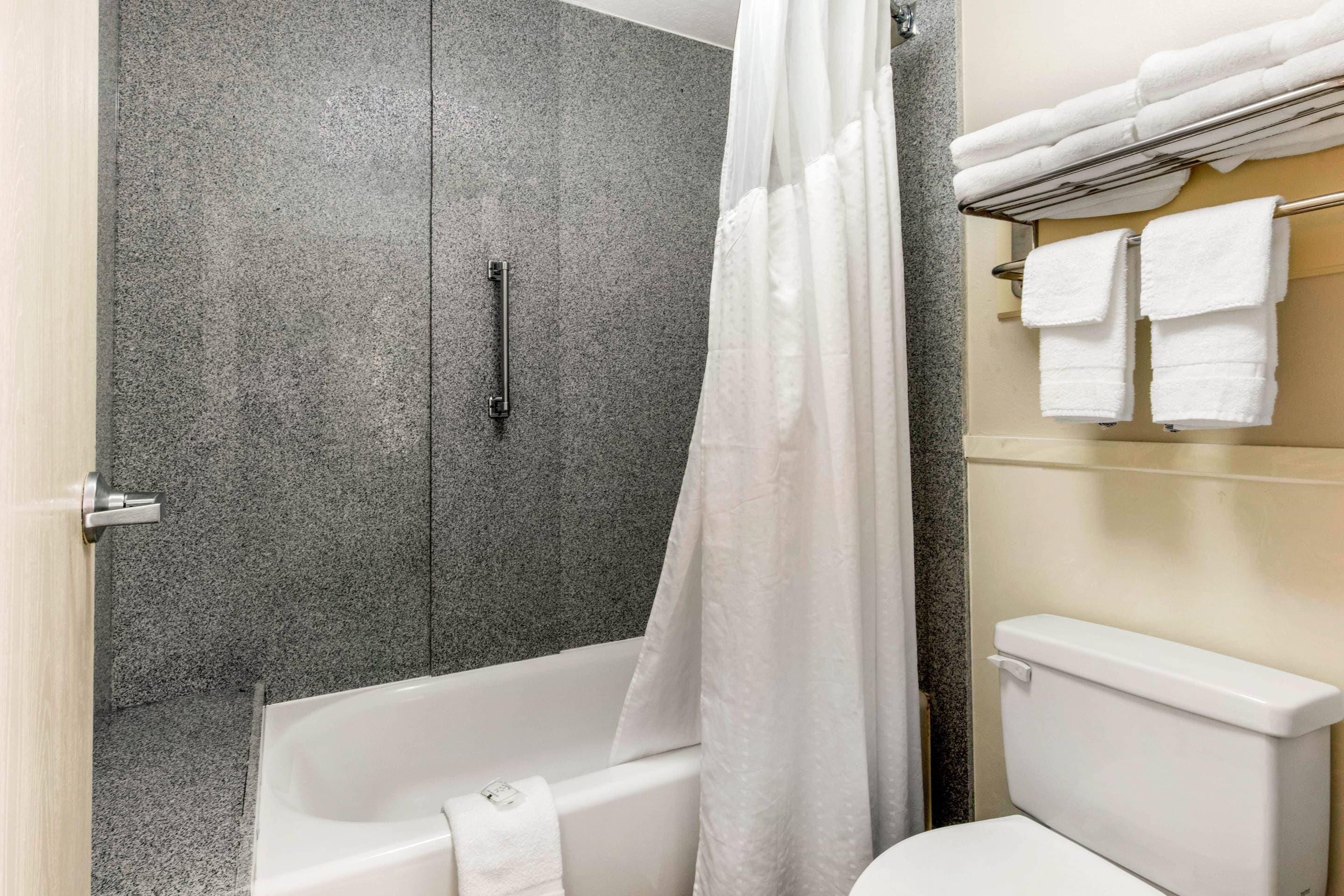 Un baño con bañera, inodoro y zona de ducha con cortina.