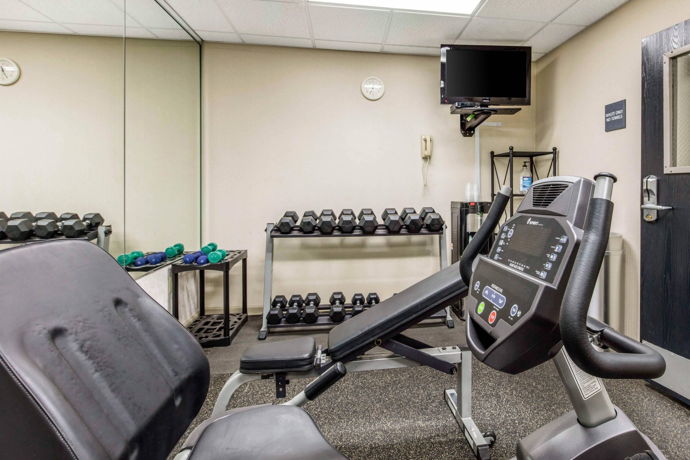 Un gimnasio con equipo de ejercicio, incluyendo cintas de correr, mancuernas y una bicicleta estática.