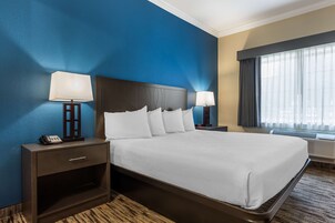 A hotel room with a large bed, two bedside tables with lamps, a phone on the left table, and a window with curtains.