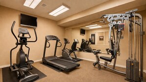 A fitness center with treadmills, elliptical machines, and a weight machine.