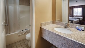 Combined shower/tub, deep soaking tub, free toiletries, hair dryer