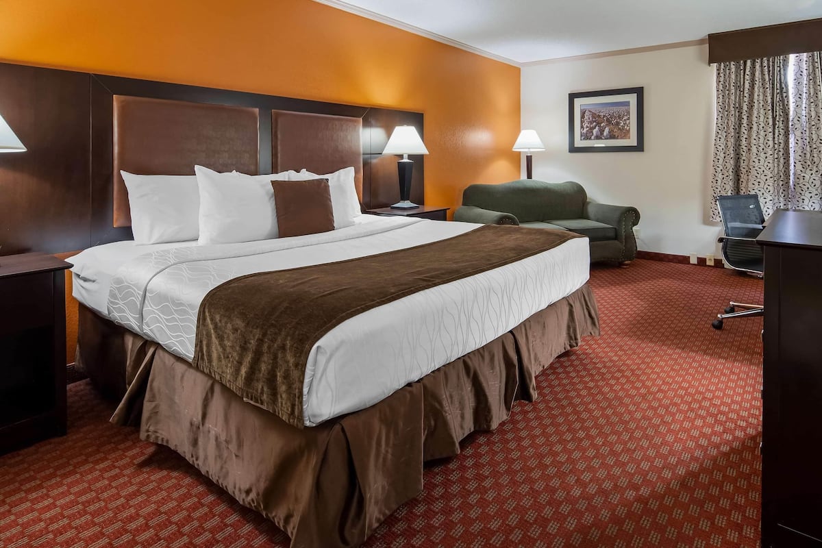 Une chambre d’hôtel avec un grand lit, deux tables de chevet avec des lampes, un fauteuil vert, un bureau avec une chaise et un tableau encadré au mur.