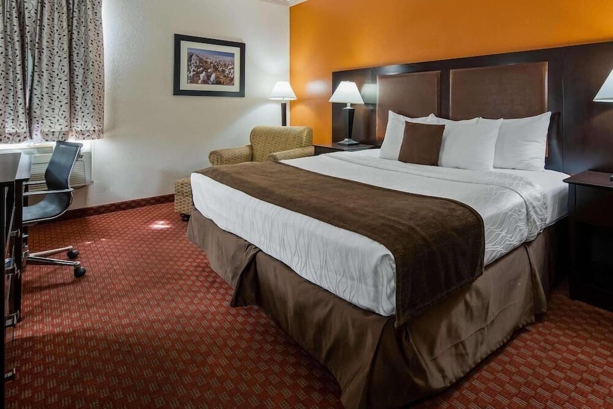 Une chambre d’hôtel avec un grand lit, un bureau, une chaise et une fenêtre avec des rideaux.