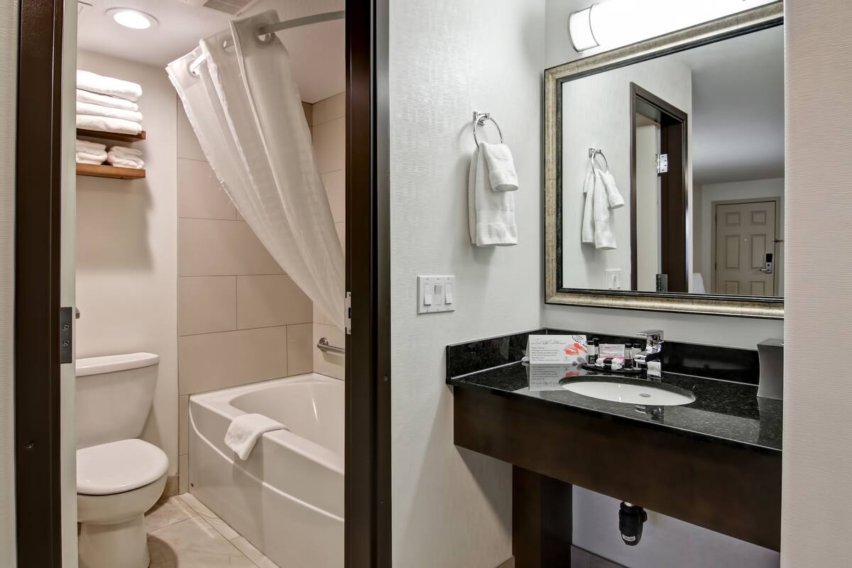 combined shower/bathtub, free toiletries, towels