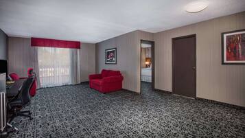 Desk, blackout drapes, soundproofing, iron/ironing board