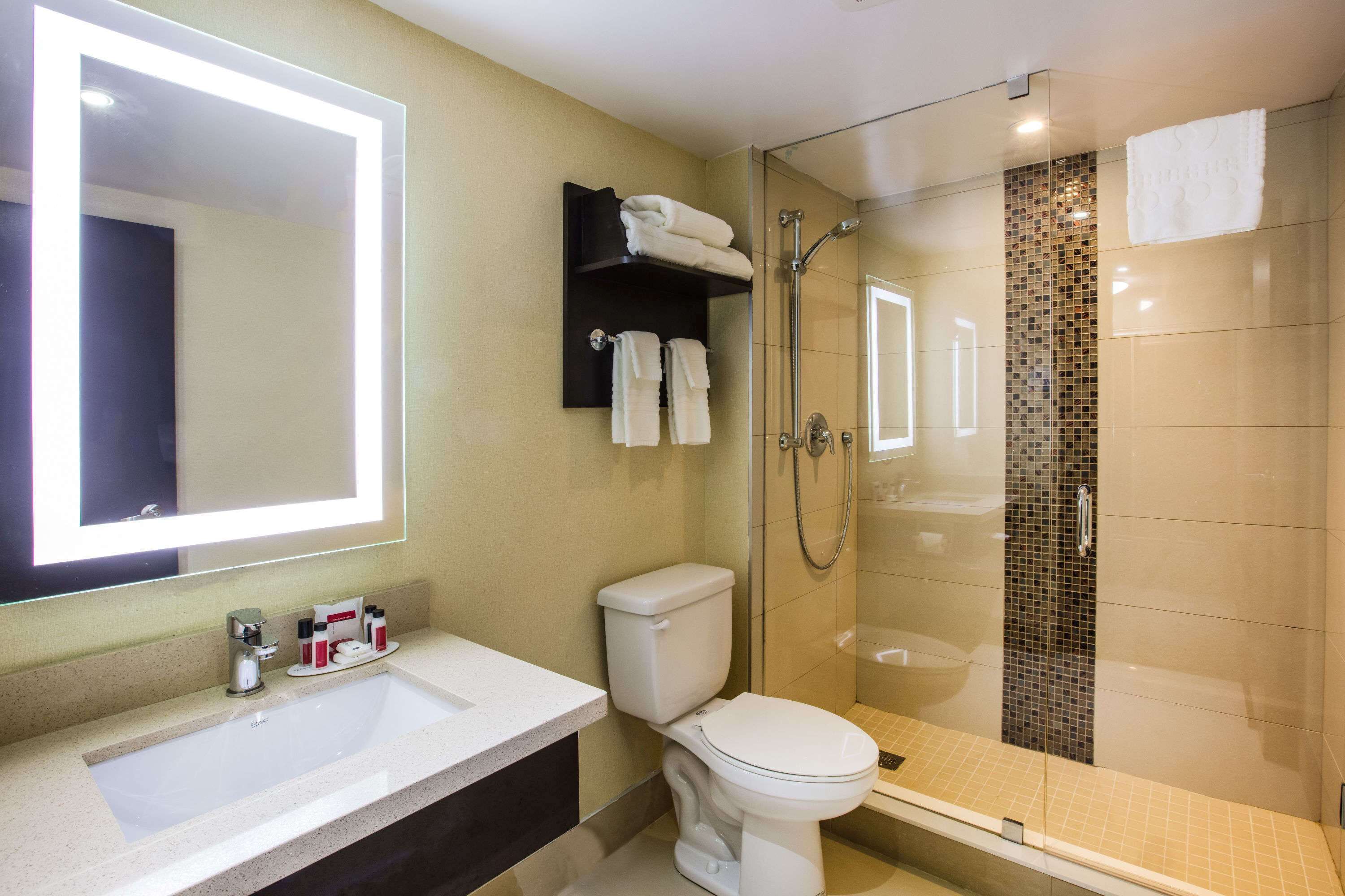 Un bagno moderno con uno specchio grande, un WC, un lavandino e una cabina doccia.