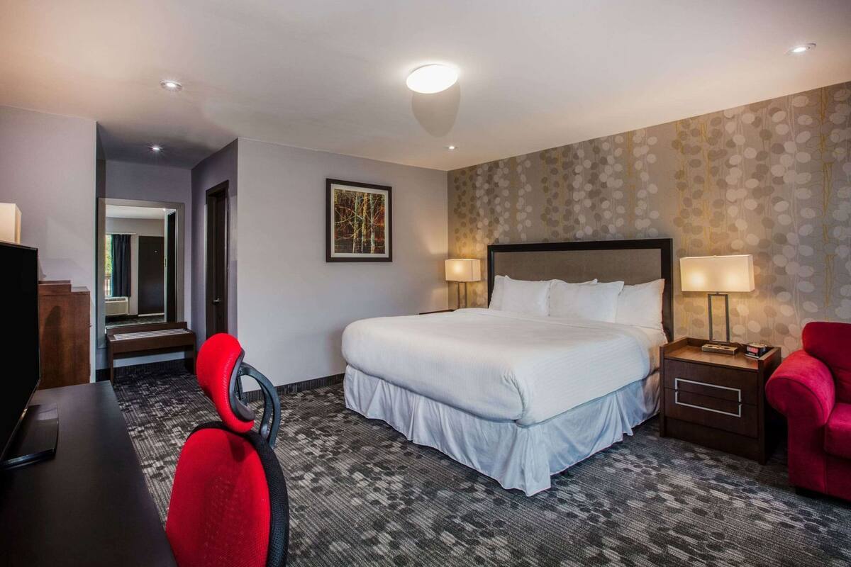 A hotel room with a large bed, a desk with a TV, a red chair, and a nightstand with a lamp.