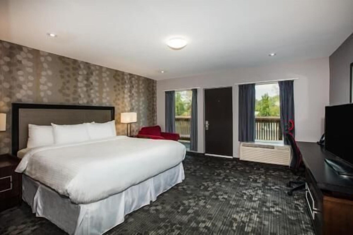 A hotel room with a large bed, a desk with a TV, a balcony with a view, and a door leading outside.