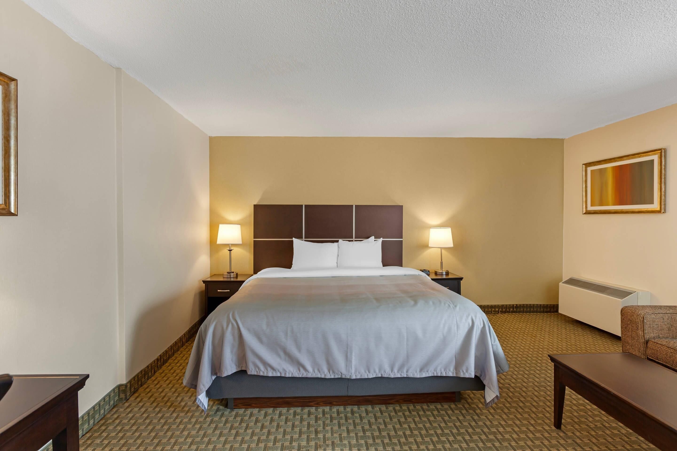 Une chambre d’hôtel avec un grand lit, deux lampes de chevet, une table de chevet, une chaise et un radiateur fixé au mur.