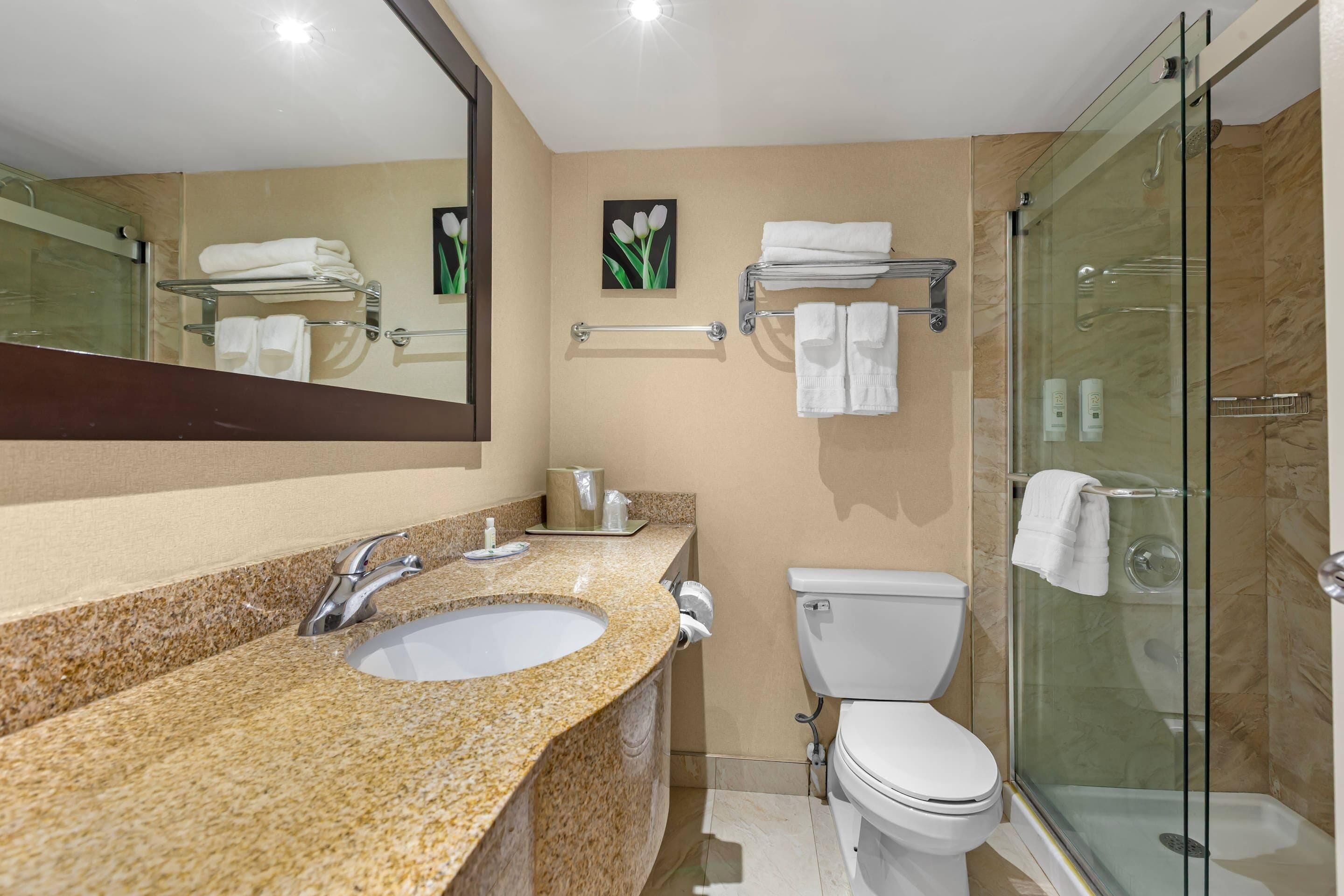 Un baño con lavamanos de encimera de granito, espejo, inodoro y ducha con mampara de vidrio.