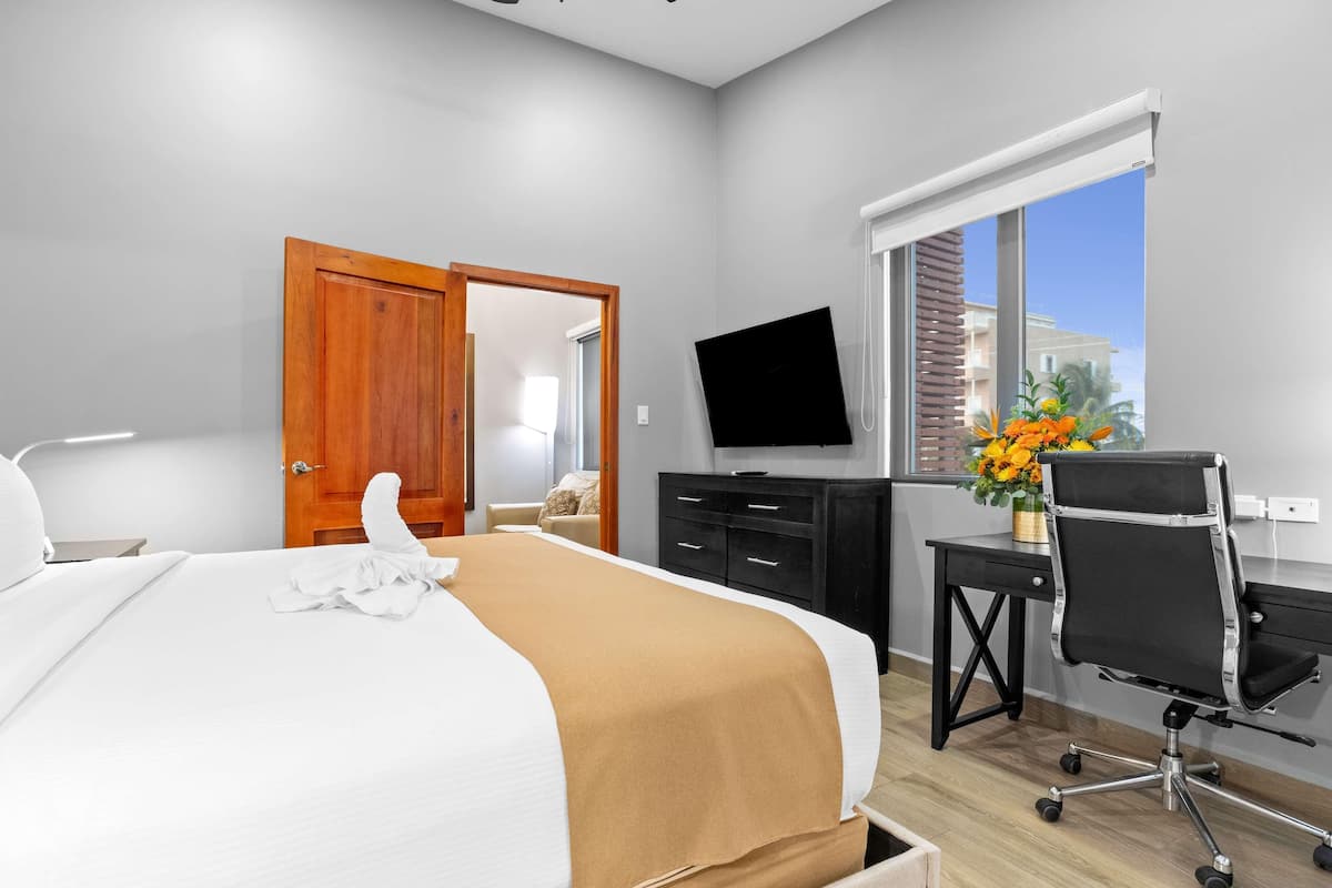 In-room safe, desk, laptop workspace, blackout curtains