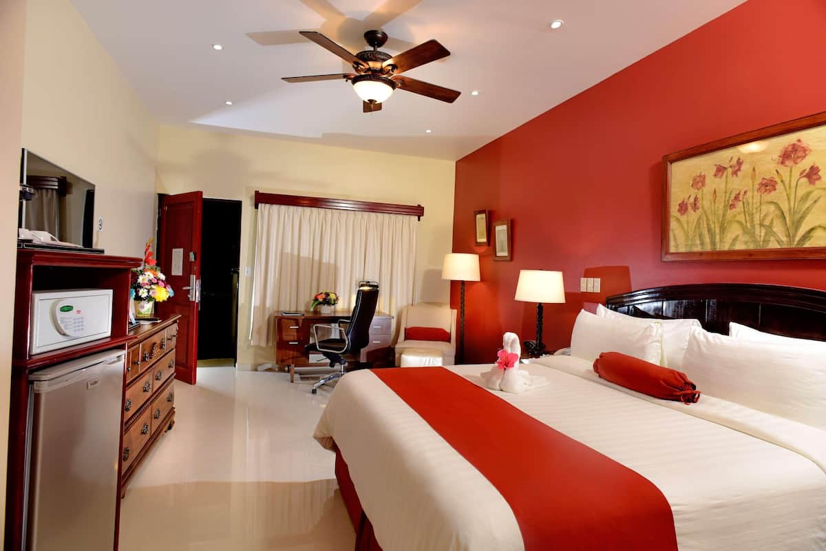 In-room safe, desk, laptop workspace, blackout curtains
