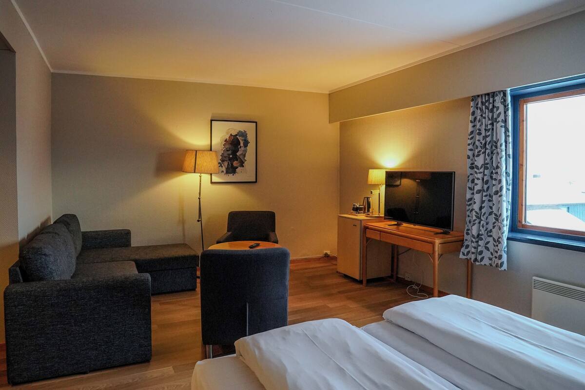 A hotel room with a bed, a desk with a TV, a sofa, and a chair.