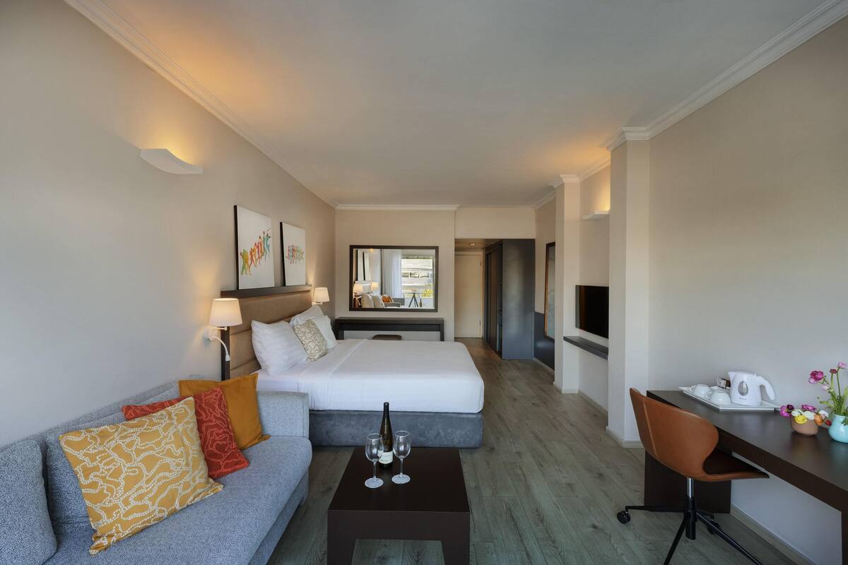 A hotel room with a bed, a sofa, a desk, and a TV.