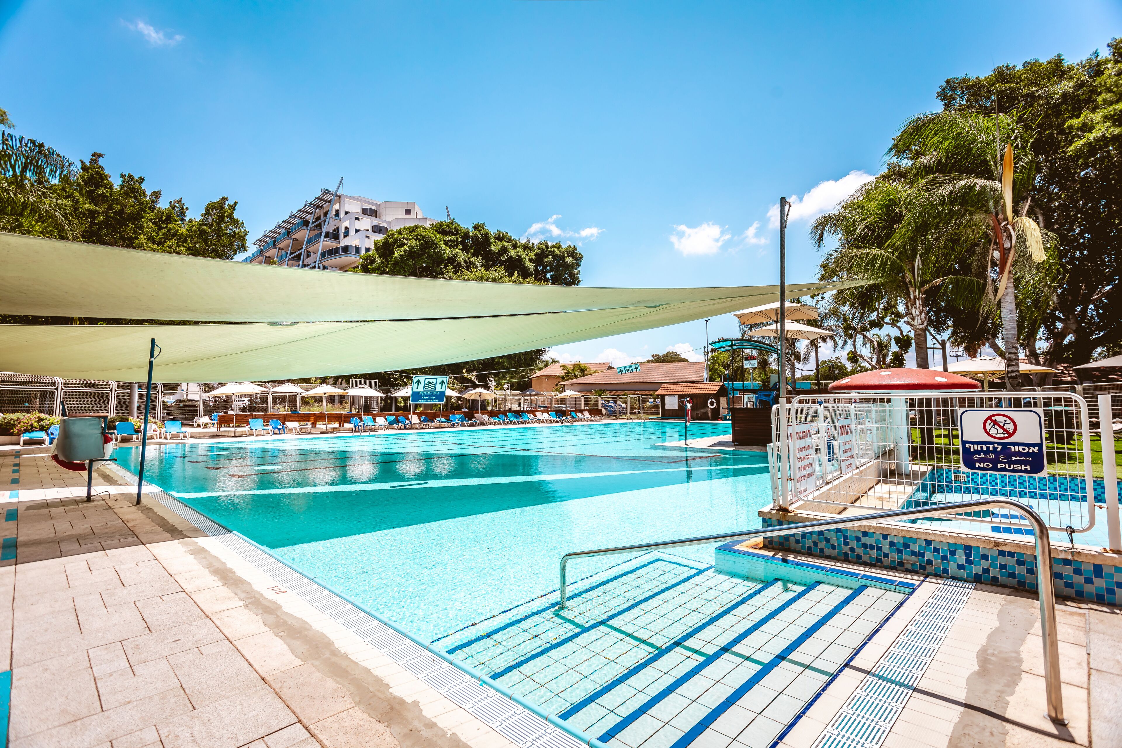 A swimming pool with clear blue water, surrounded by lounge chairs and umbrellas, with a no push sign visible.