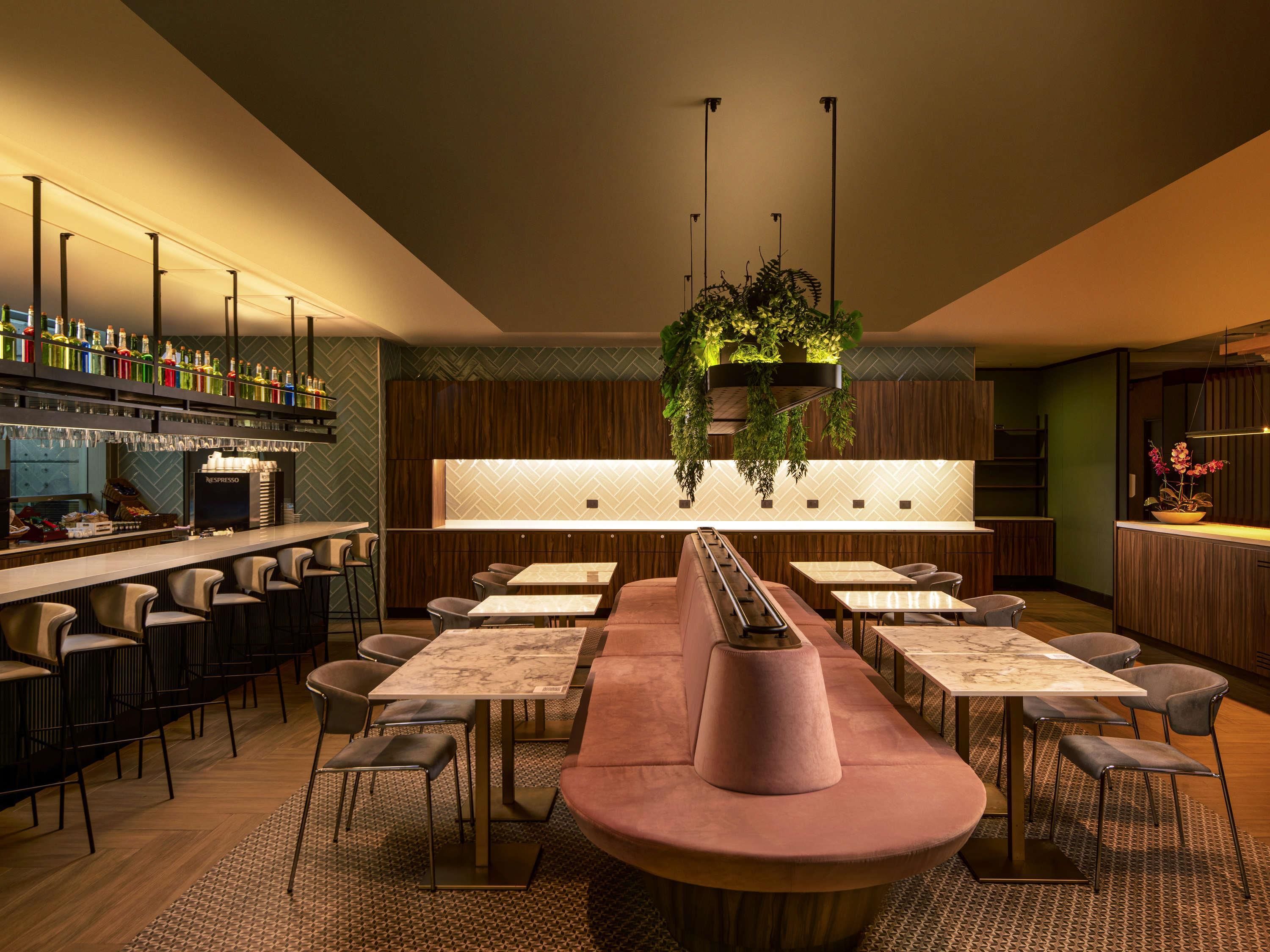 A modern bar area with a long counter, multiple seating options, and a hanging plant.