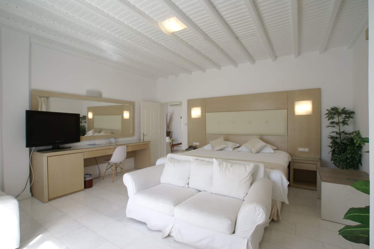 Un dormitorio moderno con una cama, un escritorio, un televisor y un sofá.