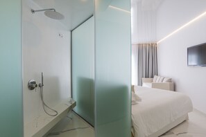 Shower, rainfall showerhead, designer toiletries, hair dryer