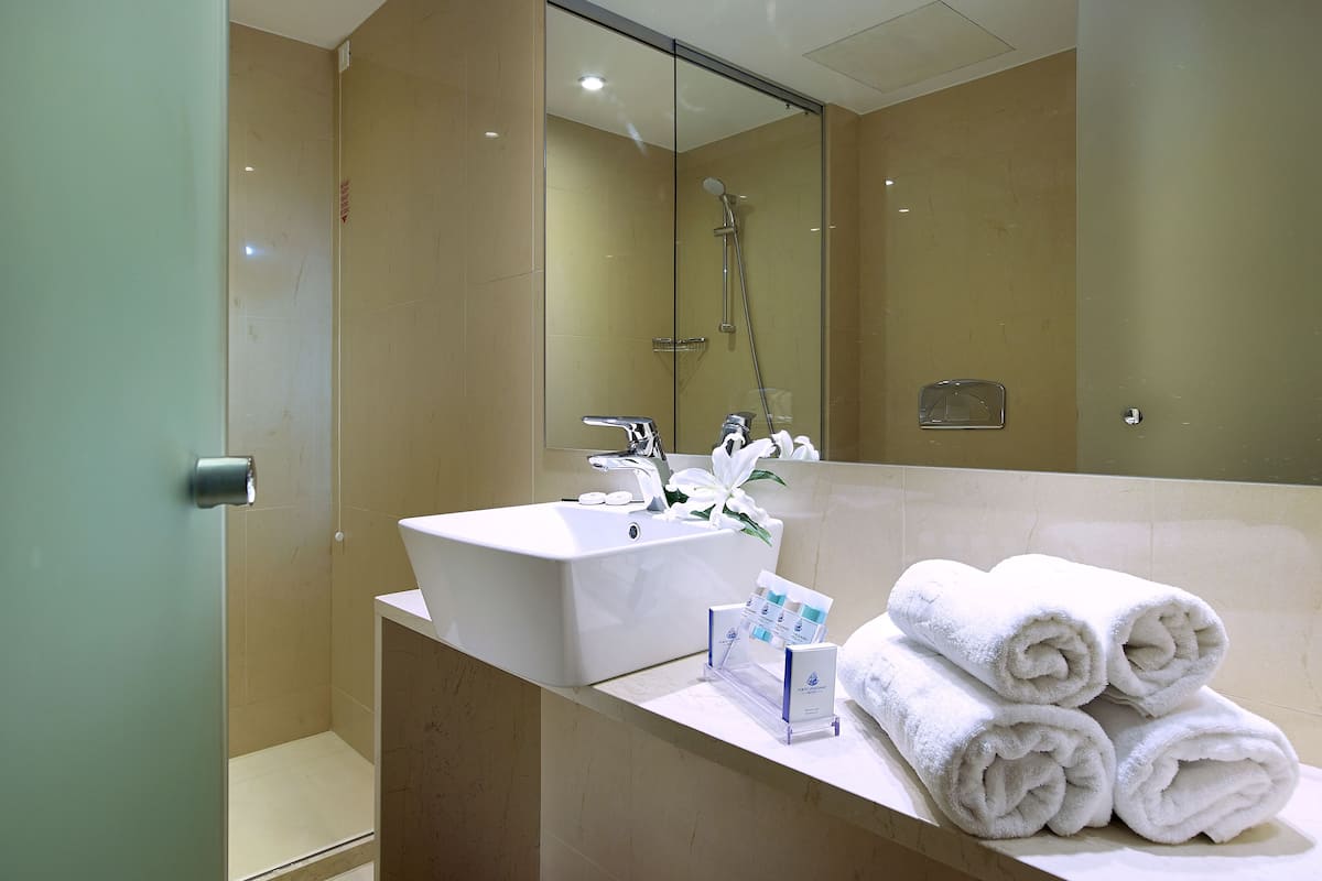 free toiletries, hair dryer, slippers, towels