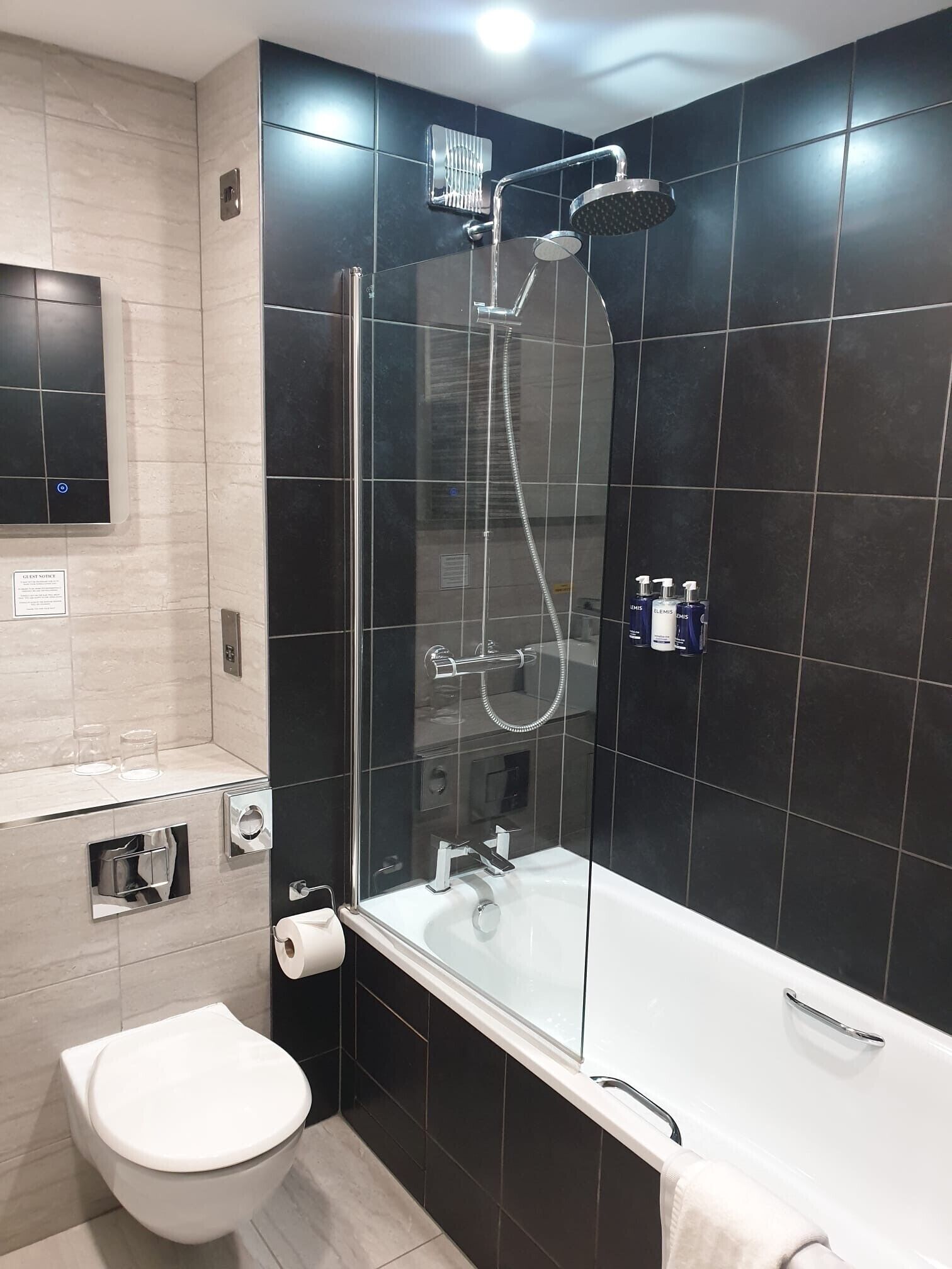 Une salle de bain moderne avec une douche à parois de verre, une baignoire blanche et des toilettes.