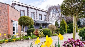 A brick building with a garden featuring yellow daffodils and various shrubs. - Rossett Hall Hotel (Wrexham)