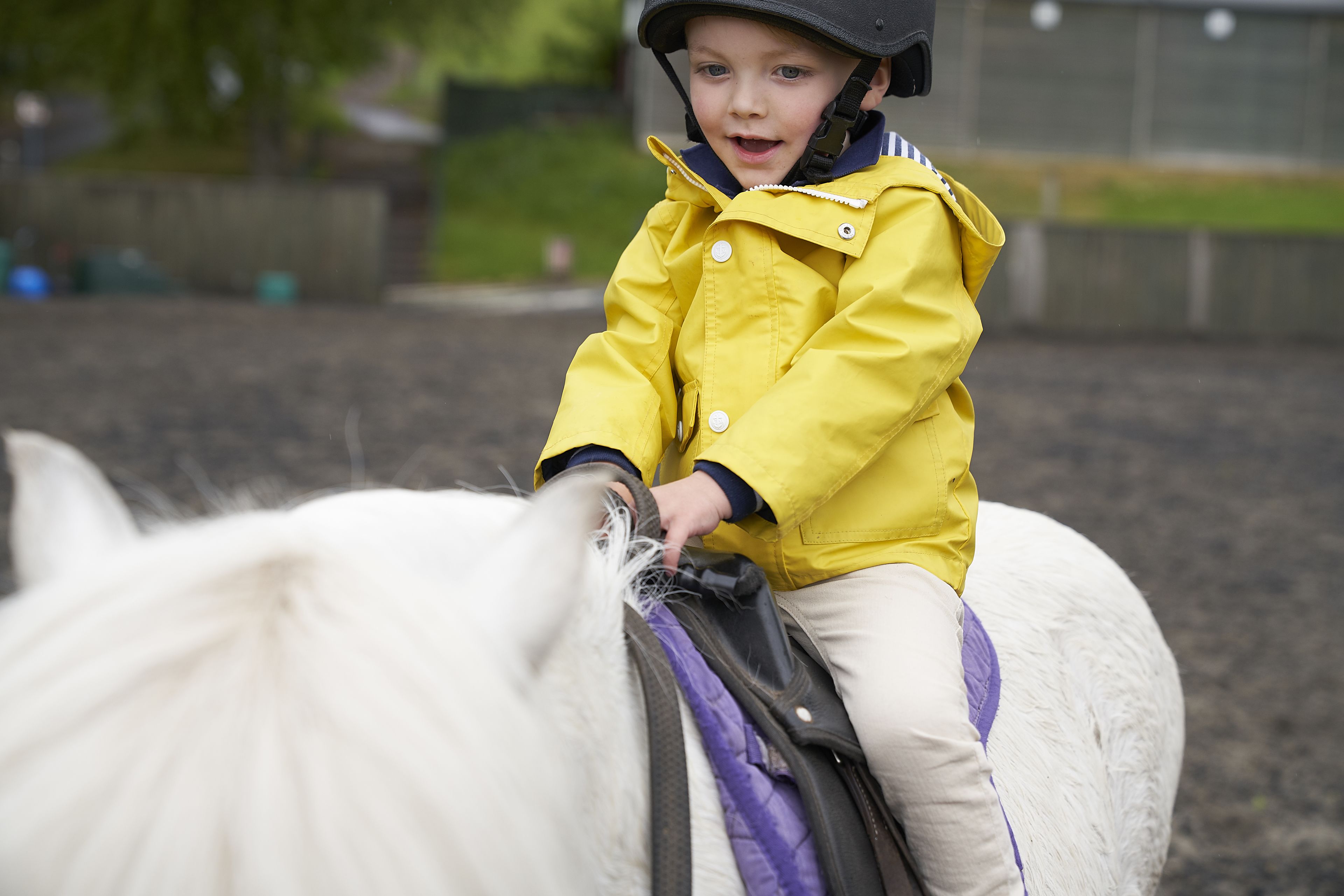 A child in a yellow jacket riding a white horse.