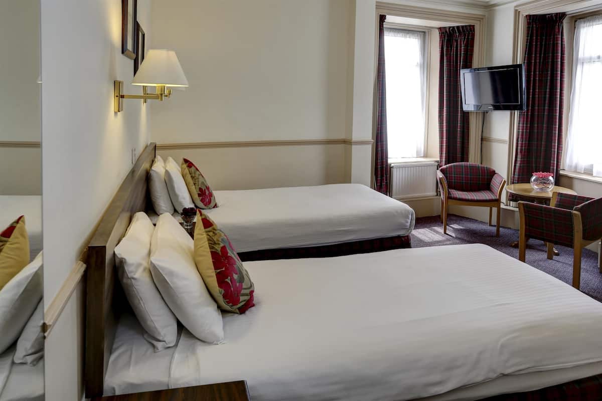 Quarto de hotel com duas camas de solteiro, uma TV, uma mesinha com um vaso e uma cadeira xadrez.