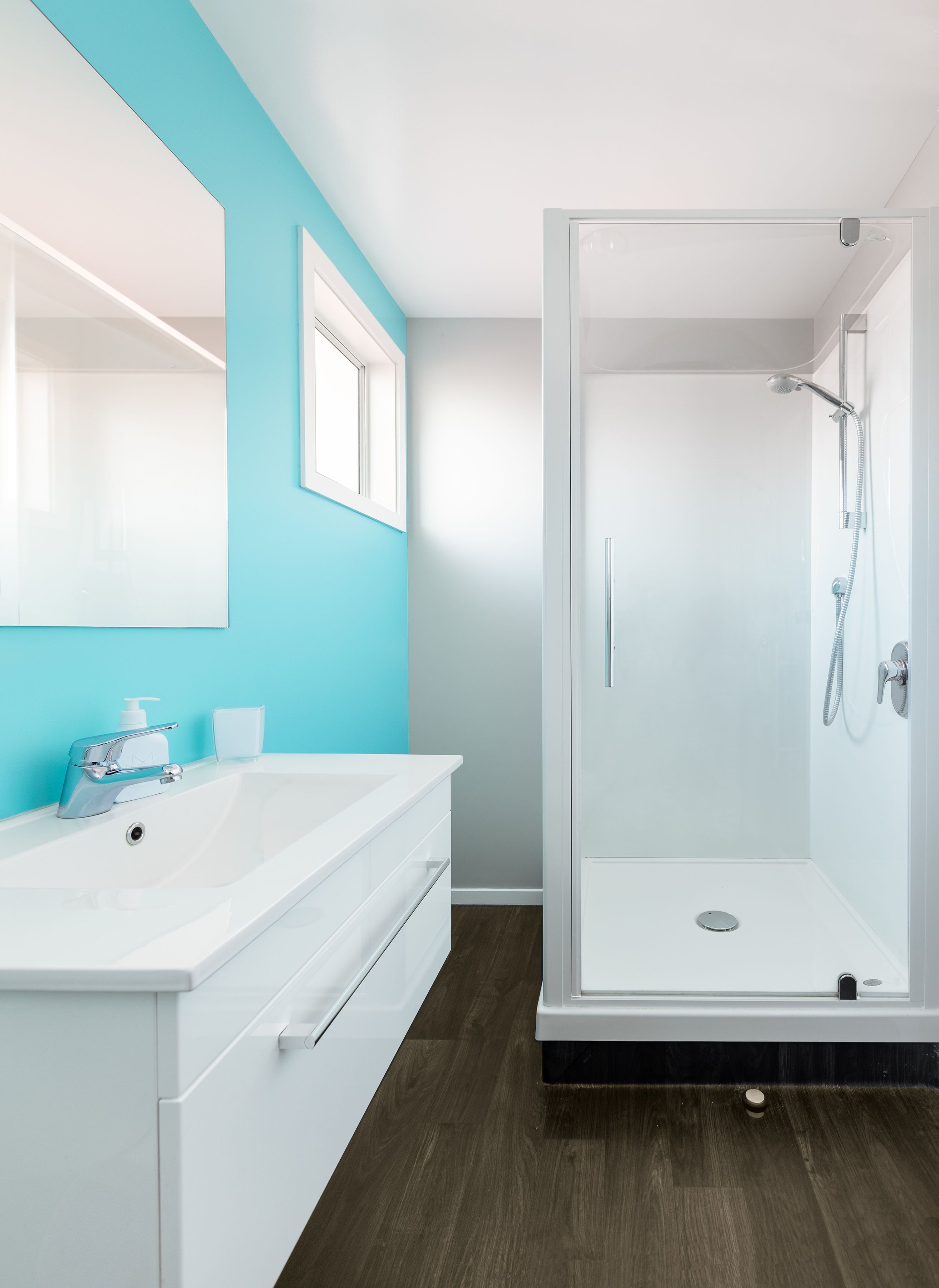 A modern bathroom with a white vanity, a large mirror, and a glass-enclosed shower.