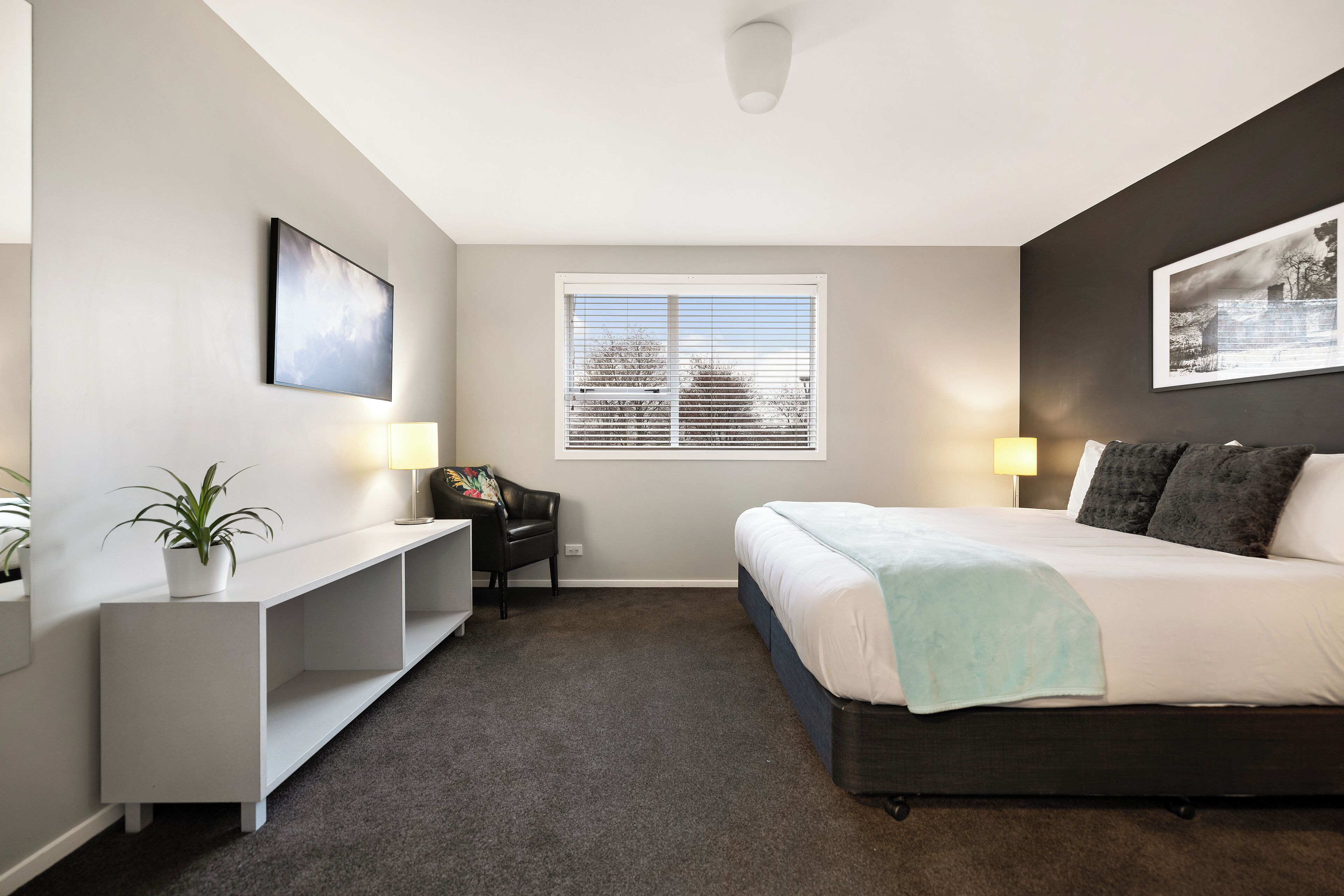 Une chambre à coucher avec un lit, un bureau, une chaise, une plante en pot et une fenêtre.