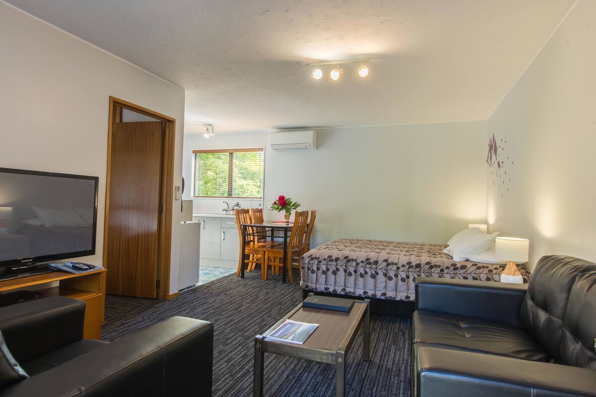 Une chambre d’hôtel compacte comprenant une télévision, un canapé, une table à manger avec des chaises, un lit avec une couvre-lit à motifs et une petite table avec une lampe.