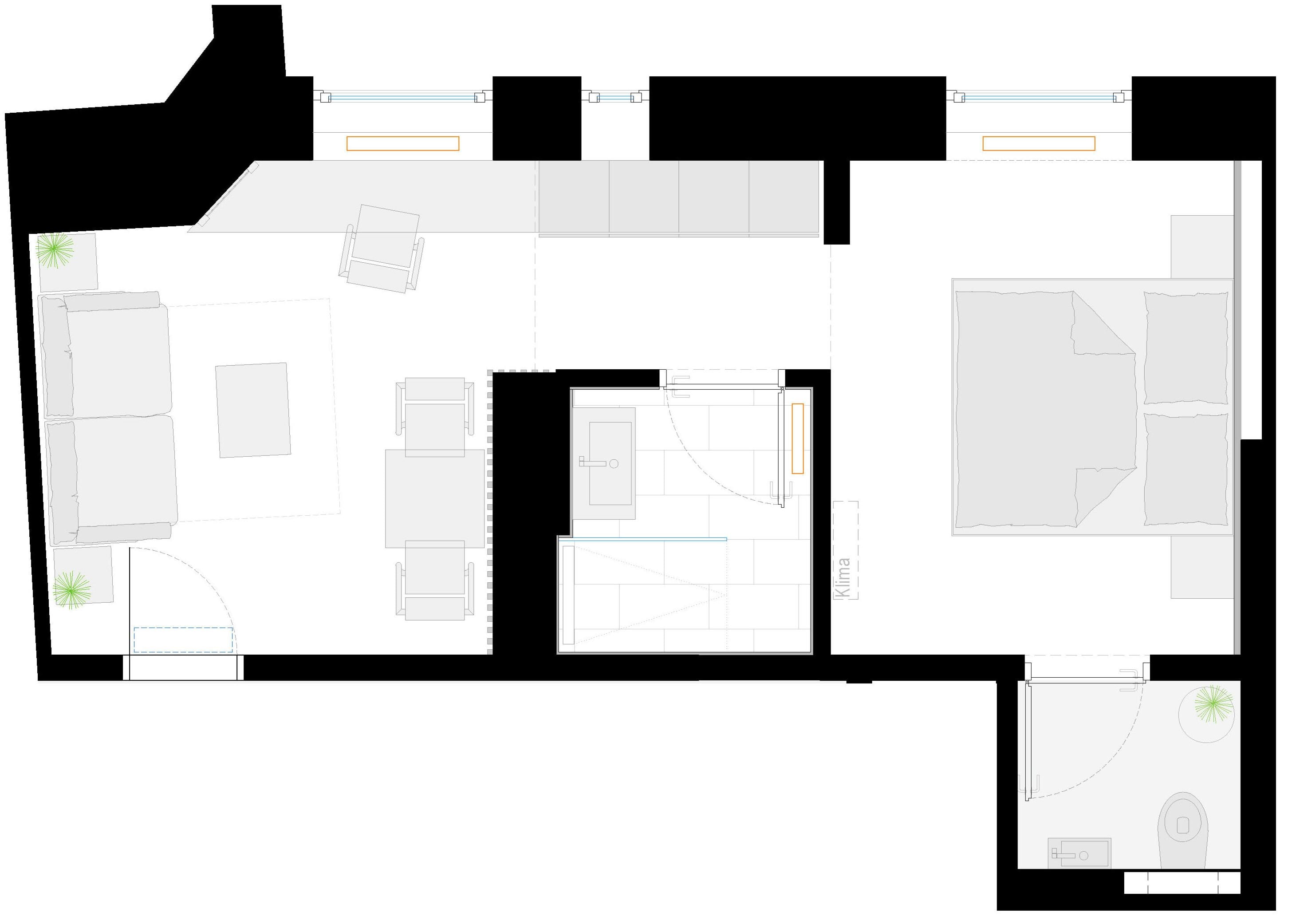A hotel floor plan with multiple rooms, a central hallway, and a gym area.