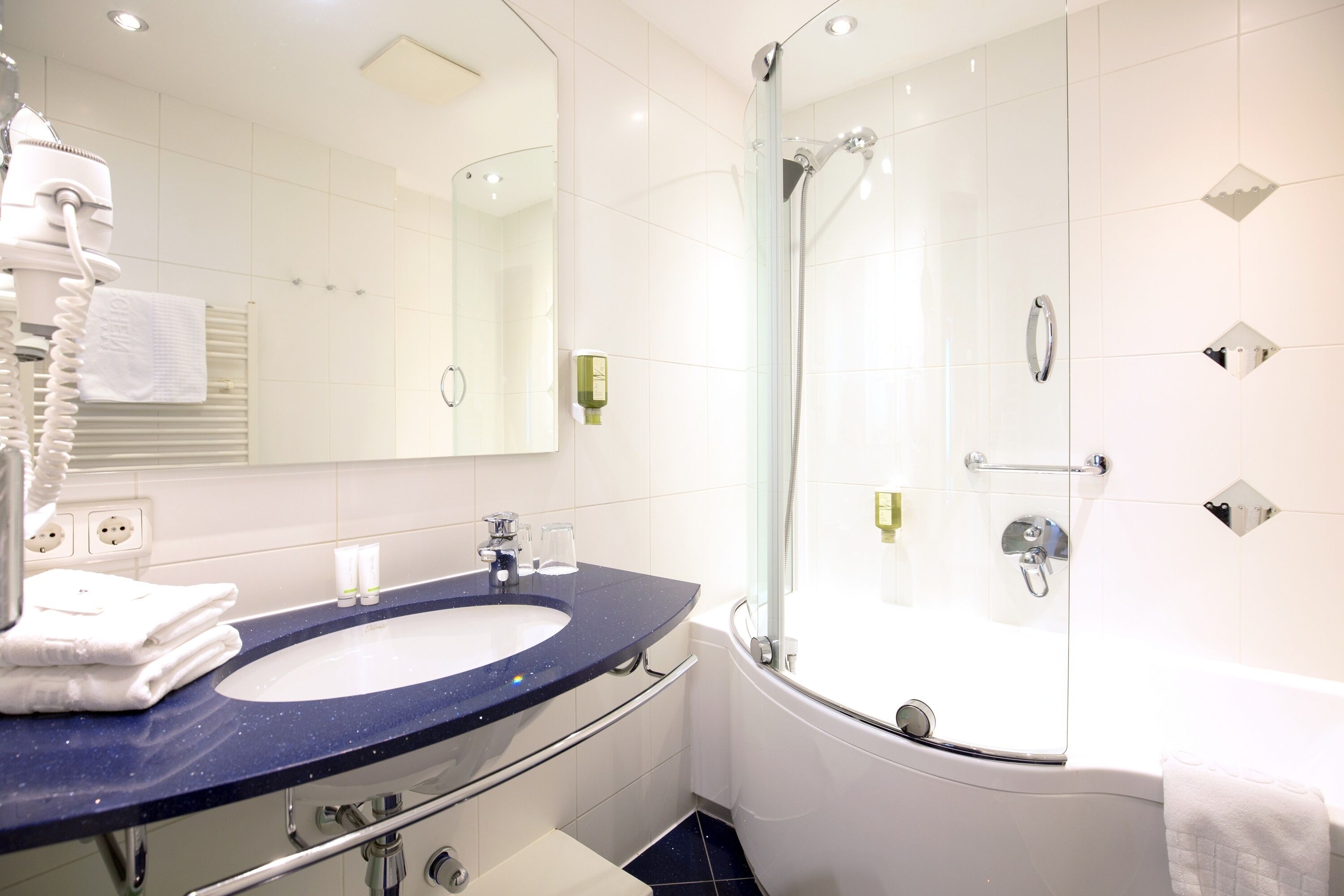 free toiletries, hair dryer, towels