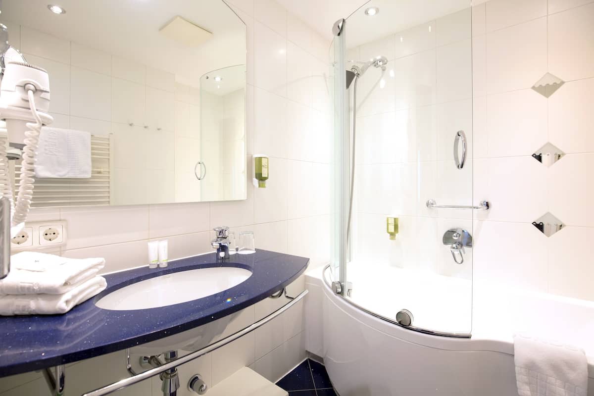 free toiletries, hair dryer, towels
