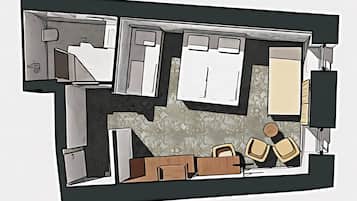 A floor plan of a hotel room with a kitchenette, a seating area with two chairs, a bed, and a TV.
