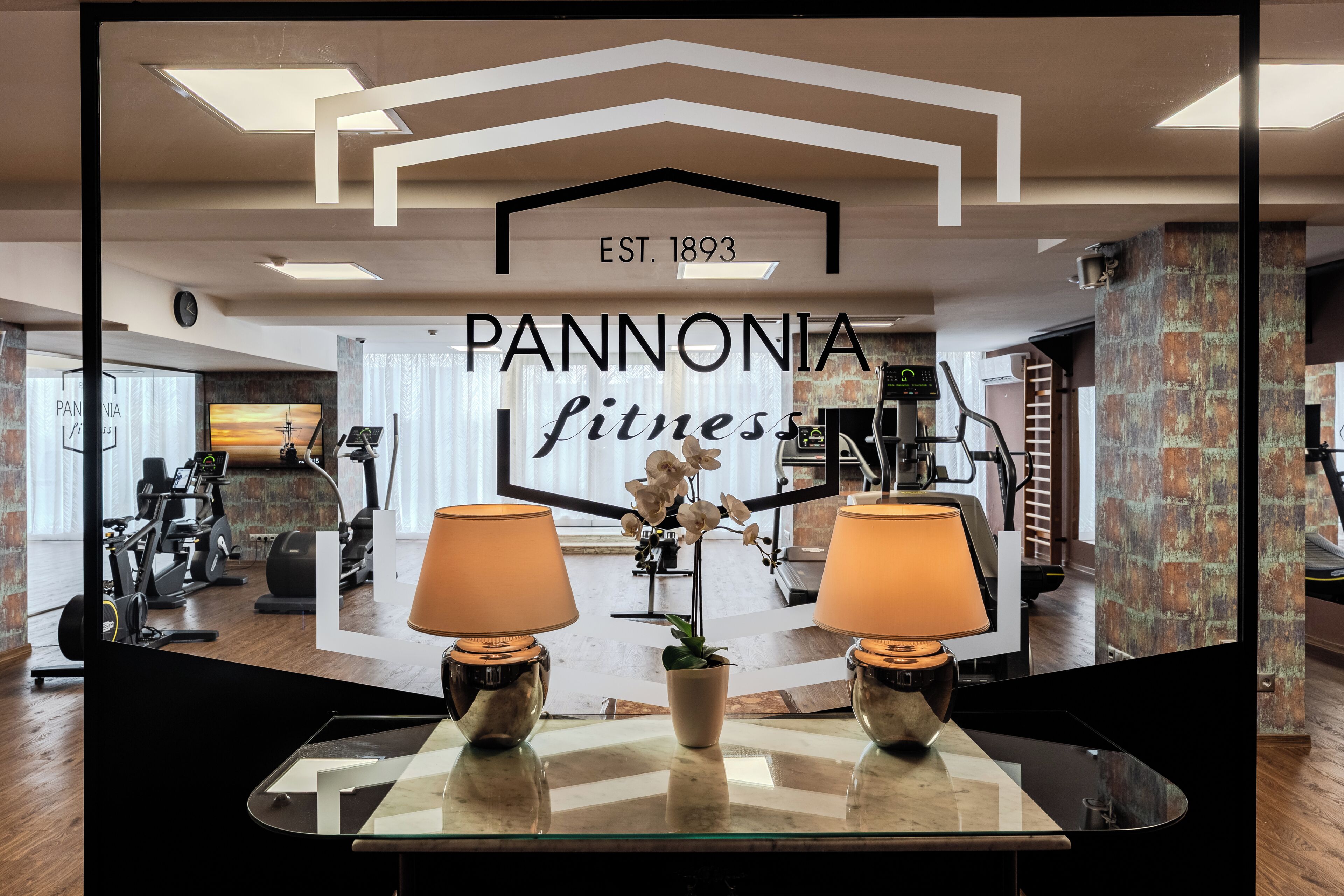 A gym interior with exercise equipment, a mirrored wall, and a sign reading 'PANNONIA fitness EST. 1893'.