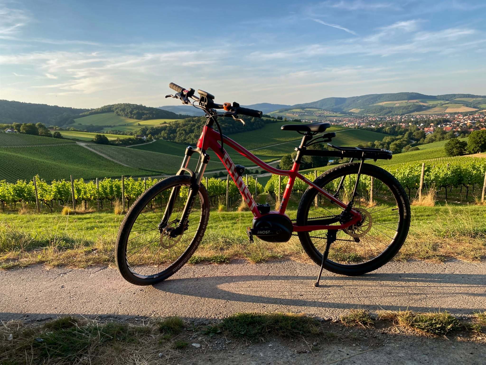 A red bicycle parked on a rural road with a scenic view of vineyards and rolling hills in the background.