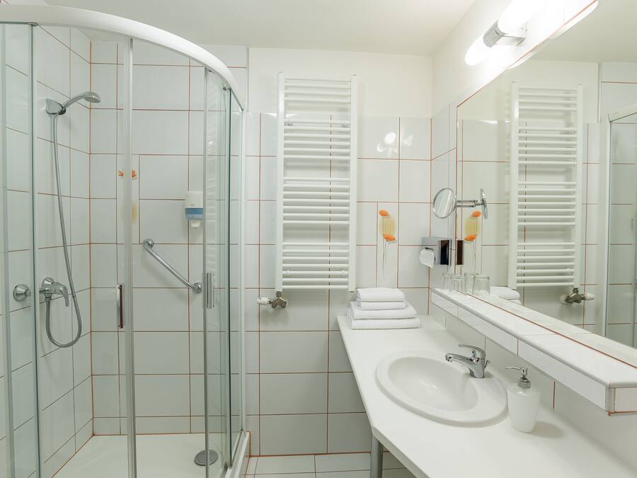 Une salle de bain moderne avec une douche à parois de verre, un lavabo blanc et un grand miroir.