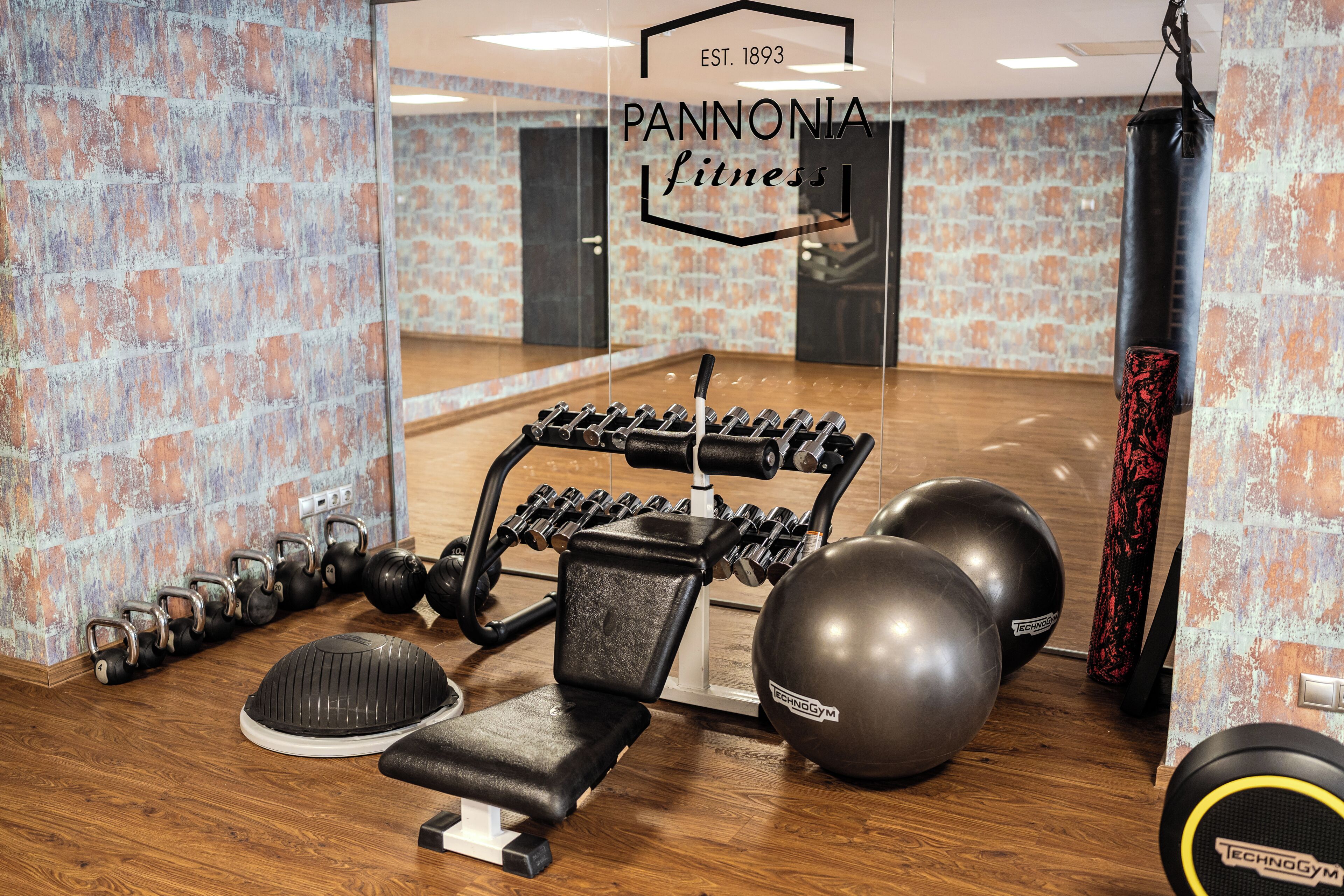 Une salle de sport avec un mur recouvert de miroirs, des kettlebells, des haltères et des ballons d’exercice.