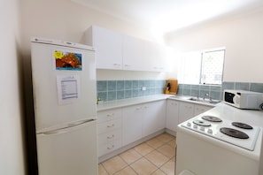 Full-sized fridge, microwave, oven, stovetop