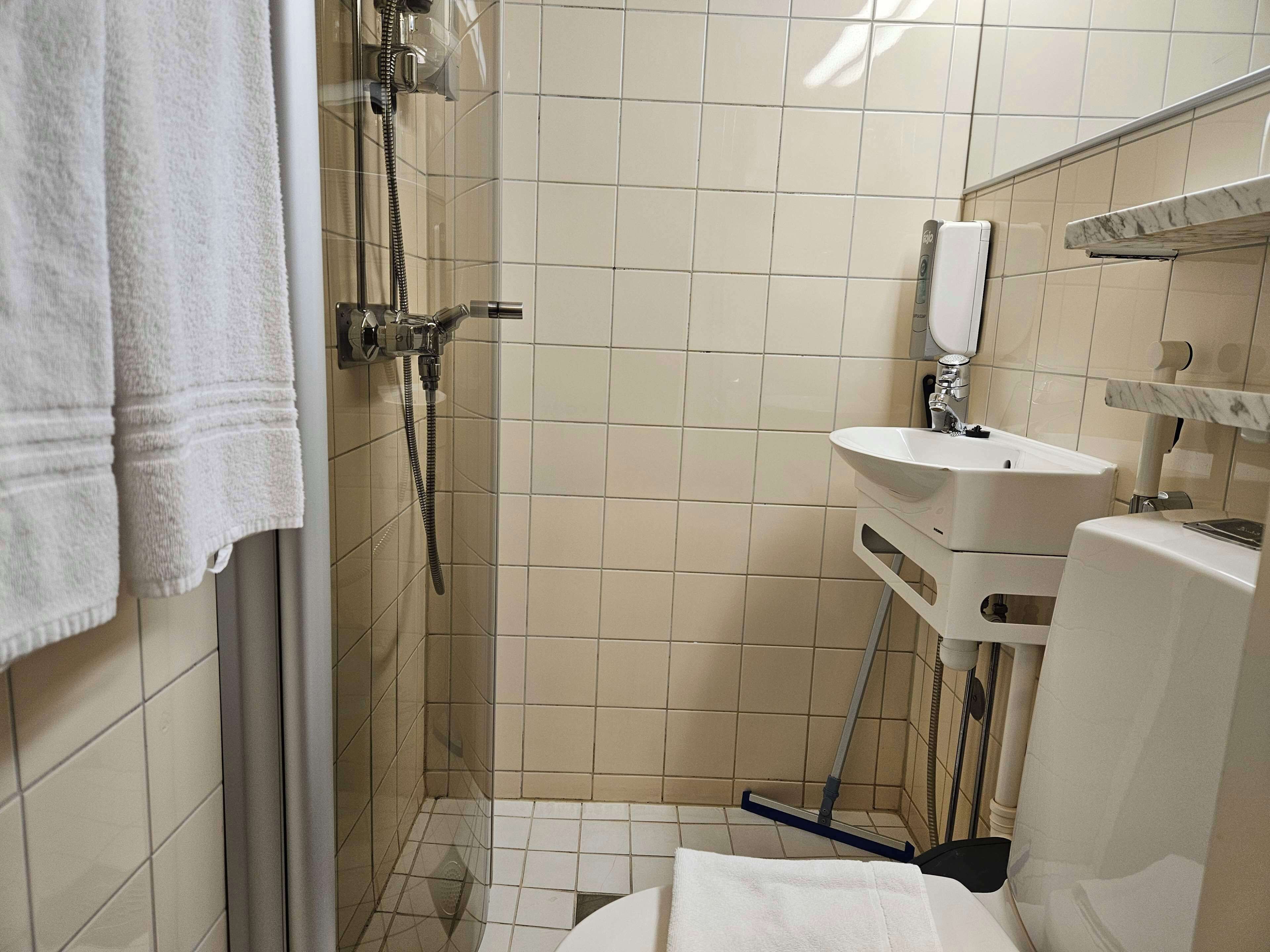Ett litet badrum med dusch, handfat och toalett.