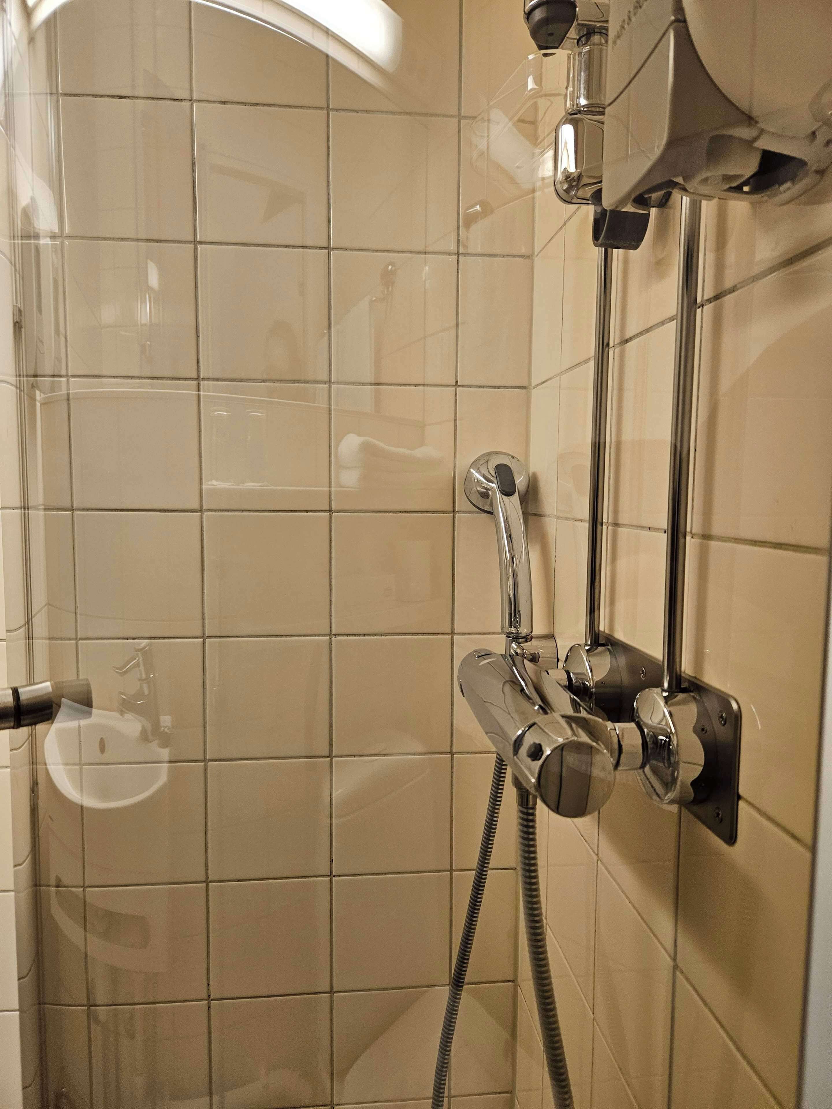 A shower area with a handheld showerhead, a wall-mounted faucet, and a handheld shower hose.
