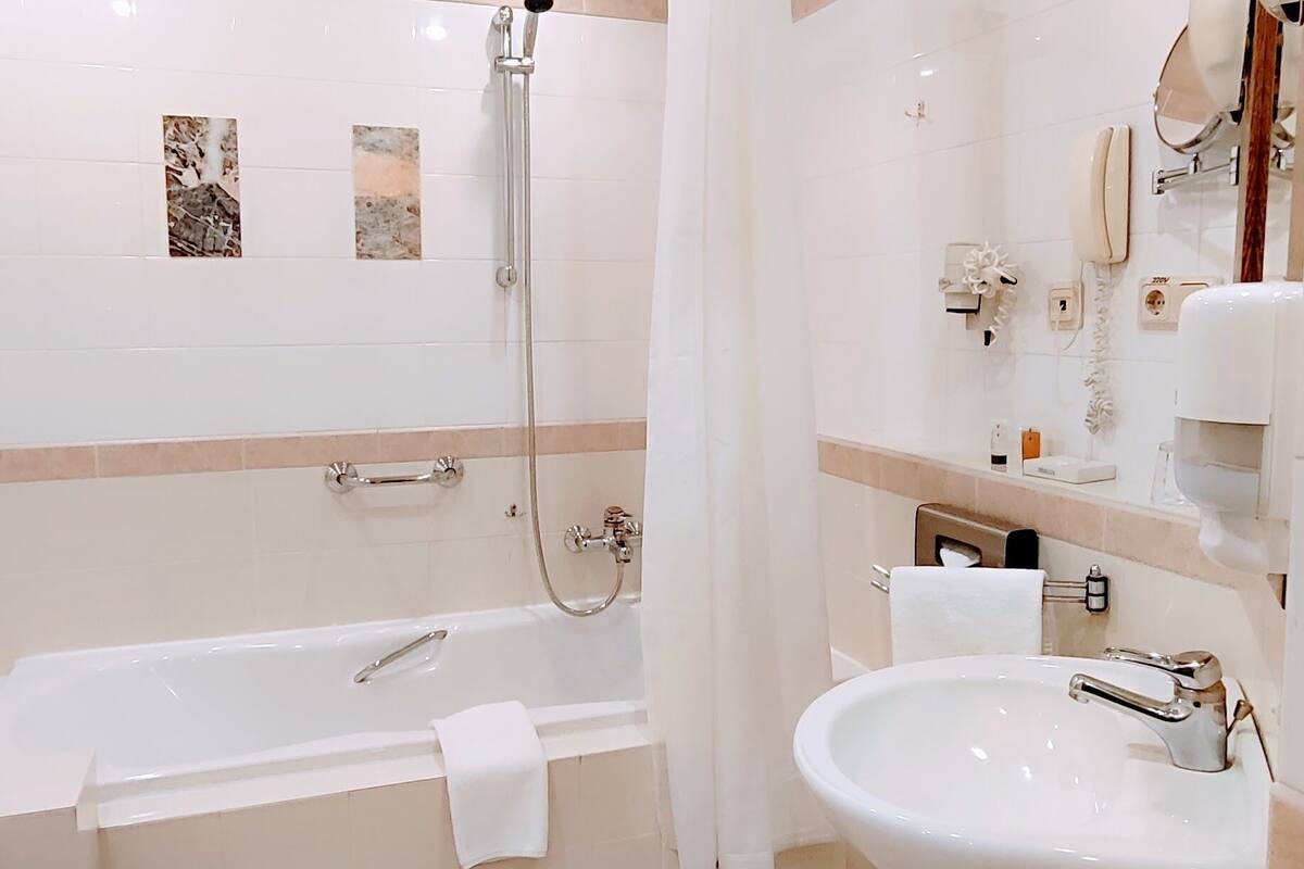 free toiletries, hair dryer, towels