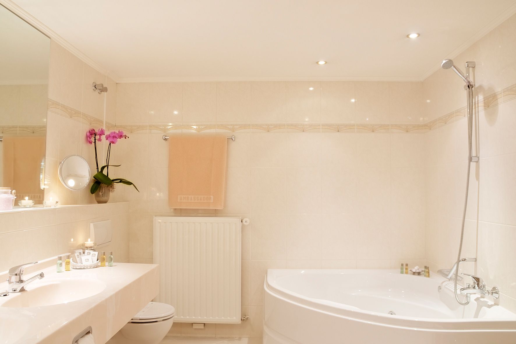 suite | bathroom | shower, hair dryer, slippers, towels