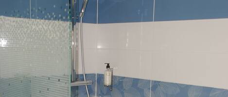 A shower area with blue and white tiles, a glass door, and a handheld showerhead.