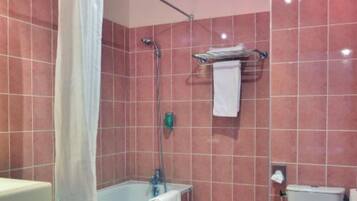 Une salle de bain avec une baignoire, une douche et des toilettes.