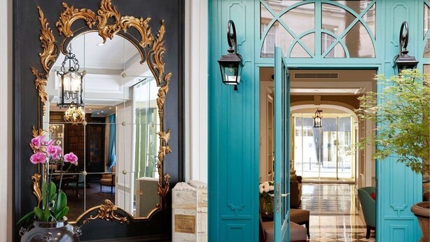A grand entrance with a teal door, a large ornate mirror, and a chandelier. - Hôtel Serotel Lutèce (Paris)